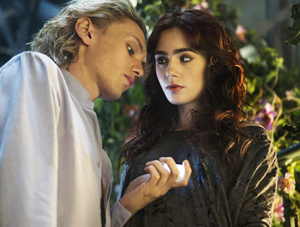 Jamie Campbell Bower as Jace and Lily Collins as Clary.
